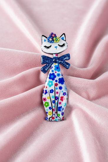 blue tall cat retro brooch handmade