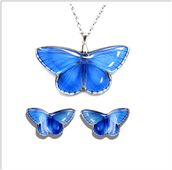 Holly blue butterfly pendant and stud earrings handmade from tin cans