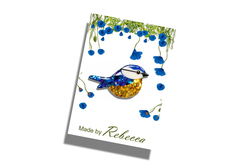 Bluetit Pin made from recycled tin cans and chunky glitter