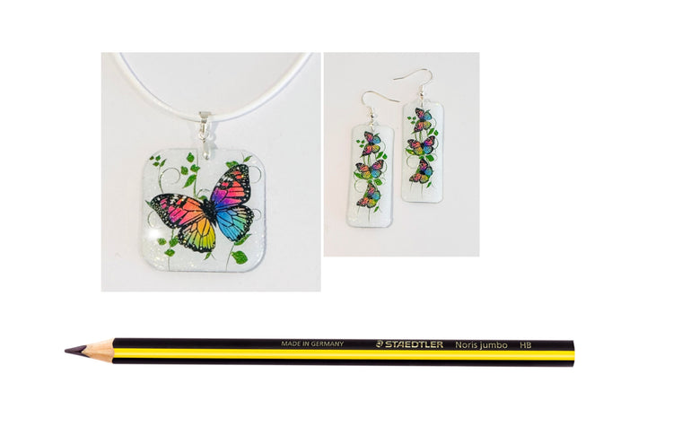 Butterfly dangle earrings and pendant set. Upcycled tin can.Tin anniversary gift