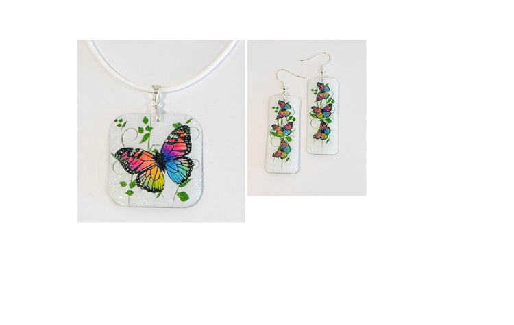 Butterfly dangle earrings and pendant set. Upcycled tin can.Tin anniversary gift