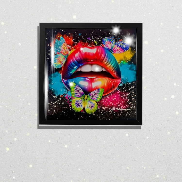Colorful artwork of kiss with butterflies on a black sparkle  background