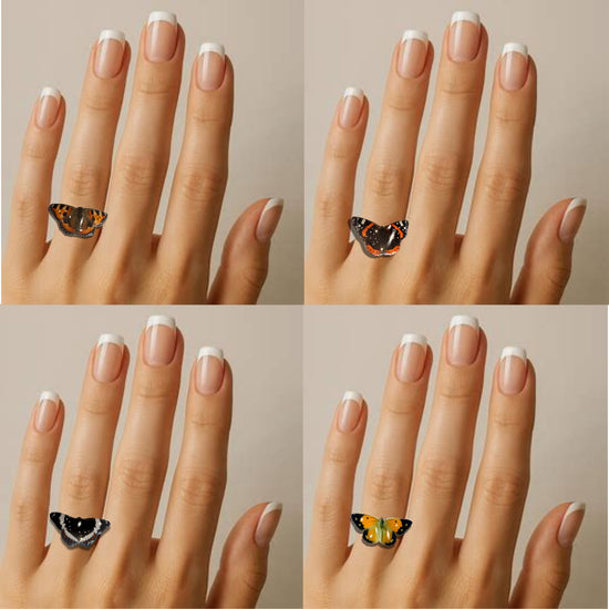 Handmade butterfly rings. British butterfly collection. Peacock, Red Admiral, Purple emperor and Clouded yellow