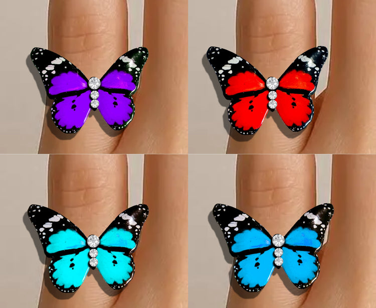 butterfly rings hand crafted red, purple, turquoise and blue