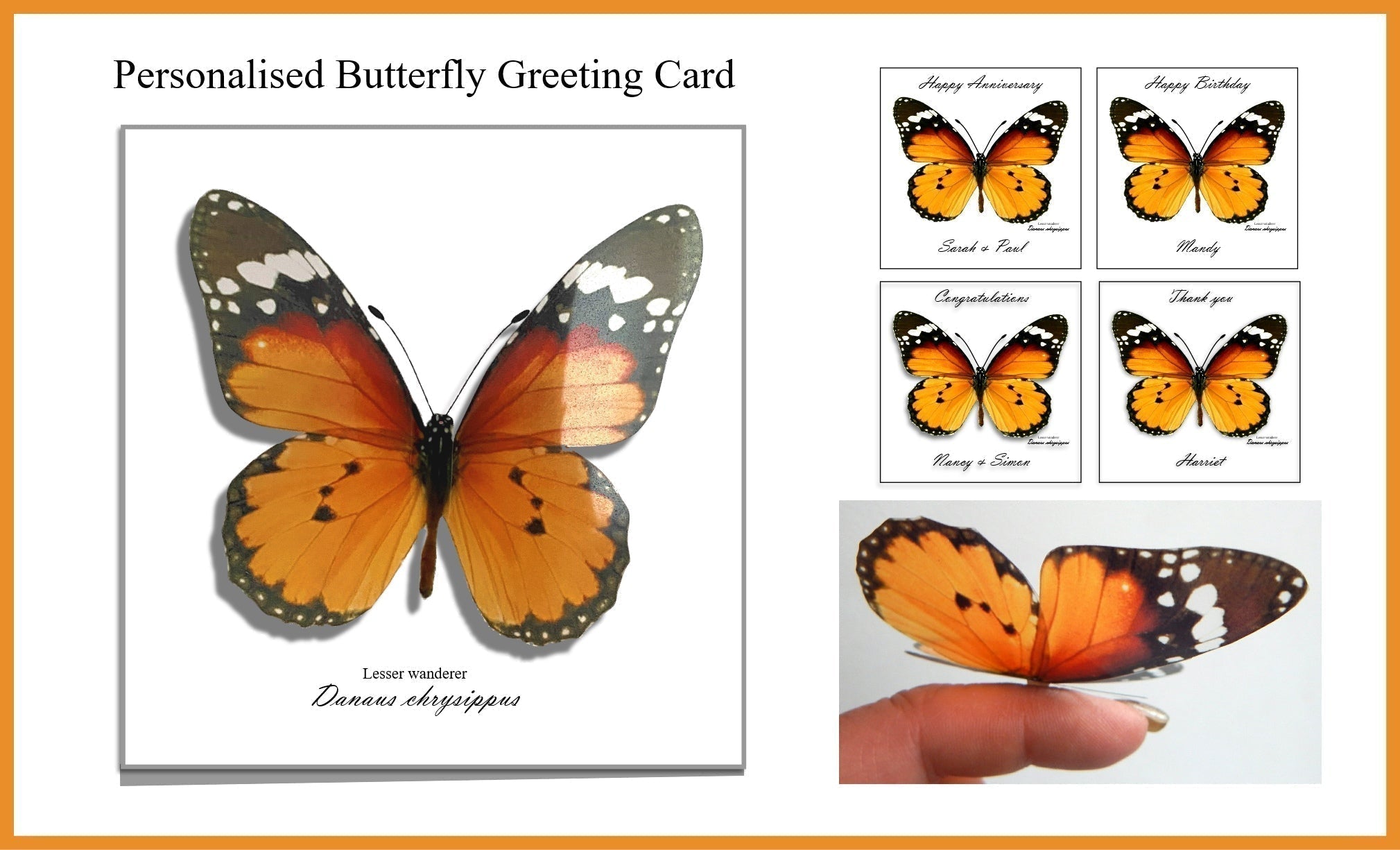 Lesser Wanderer butterfly. Personalised 3d Butterfly Greeting Card. Bi ...