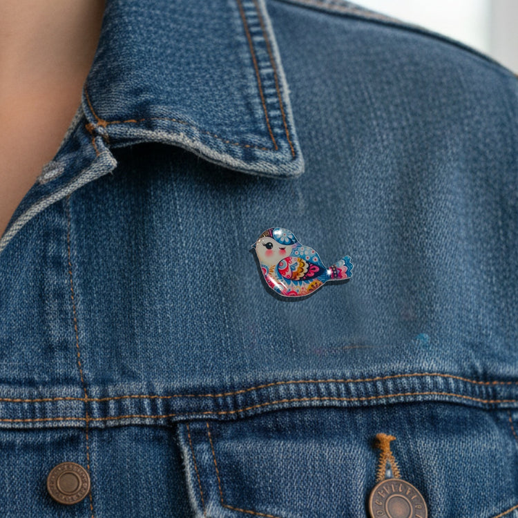 Folk art style  bird enamel pin. Handmade beautiful bird pin made from recycled tin cans