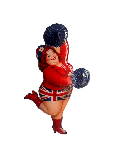 cheerleader with pom-poms and a Union Jack