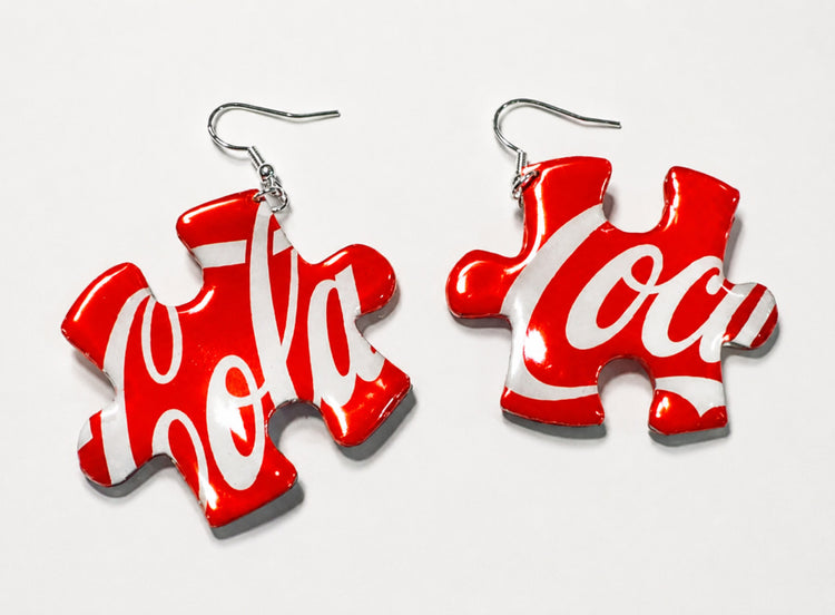 Jigsaw Coca-Cola Earrings, Coke Earrings, Recycled tin can Coke dangle Earrings