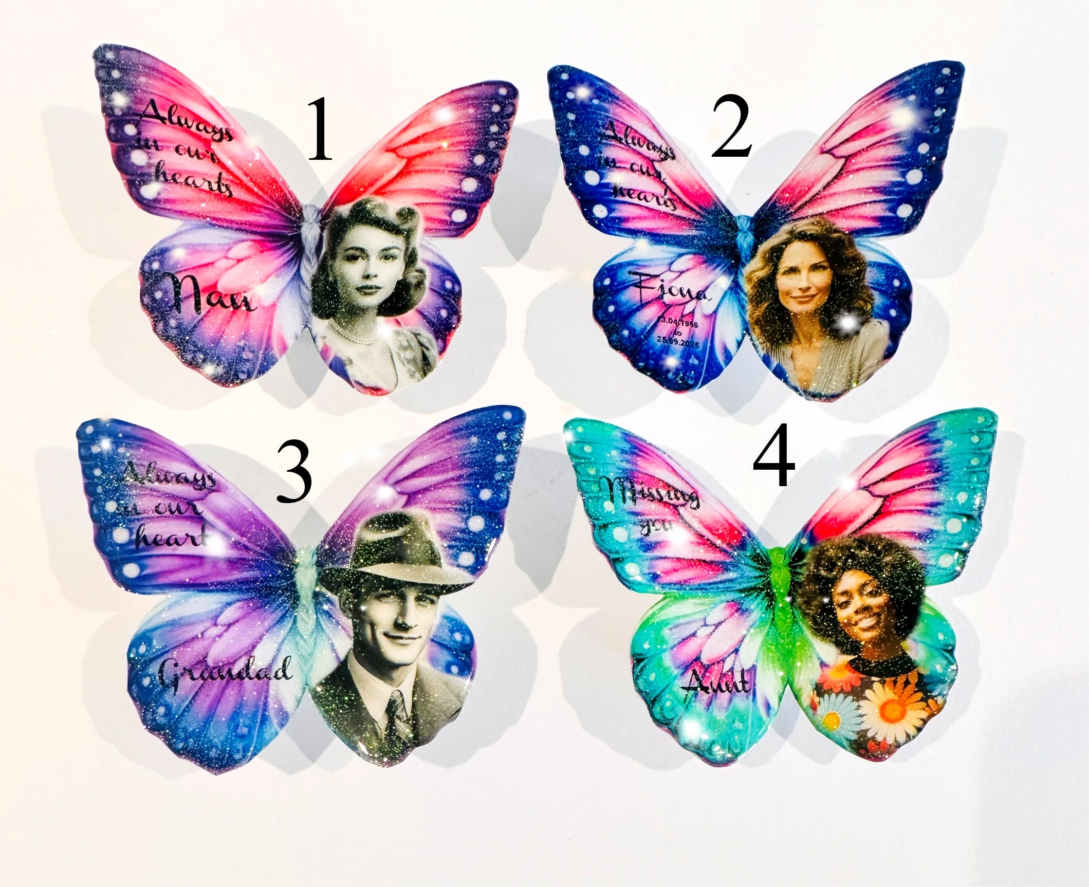 Colourful Personalised photo butterflies. Memorial keepsake. Funeral g ...