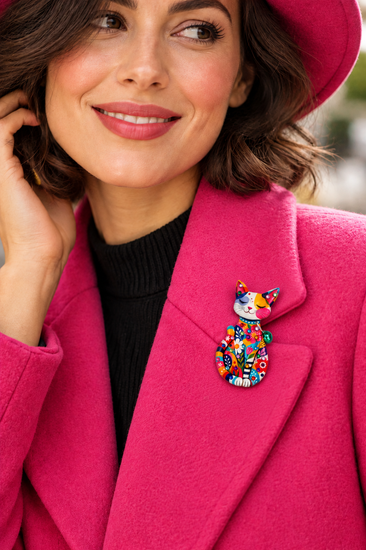 colourful stripy cat brooch handmade