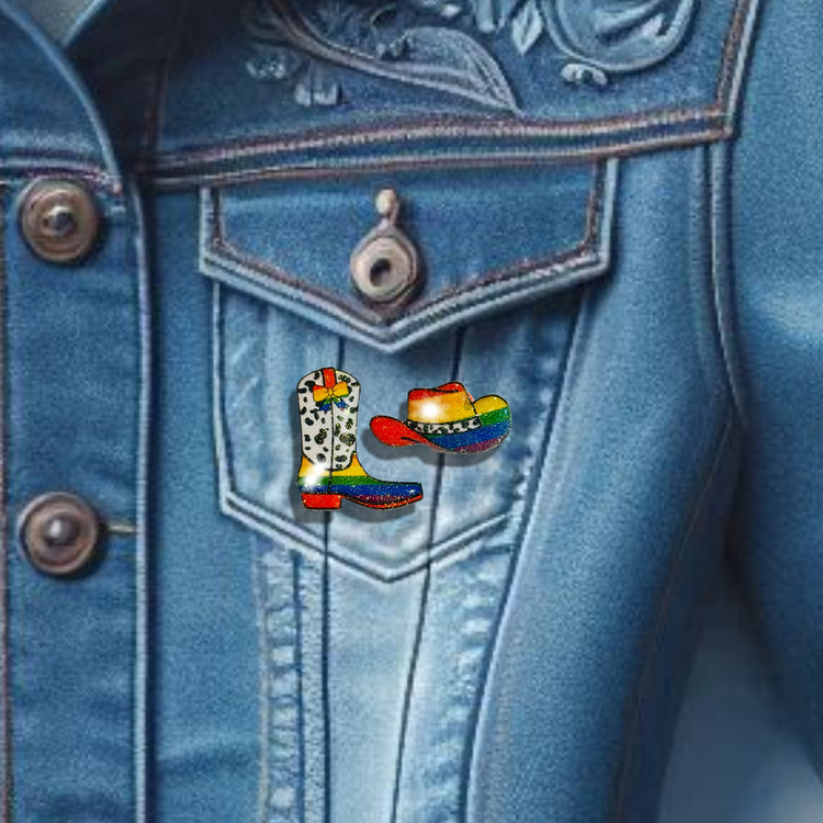 Rainbow Gay Pride. Colourful cowboy boot and hat pins. 