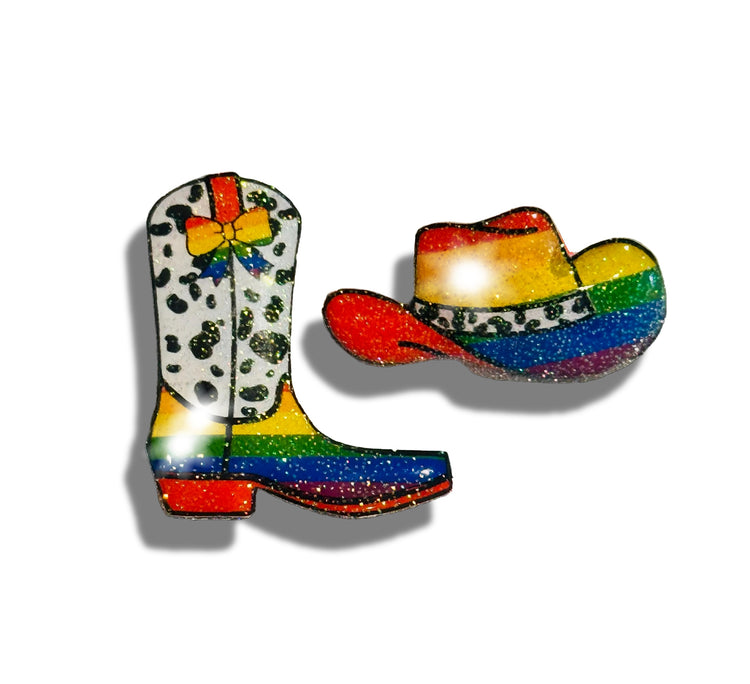Rainbow-colored cowboy boot and hat pins brooch