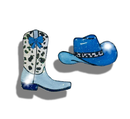 Blue cowboy boot and hat with glittery enamel pin, handmade