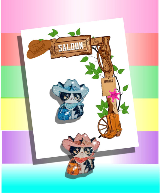 Cute cowboy cat enamel Pin or magnet. Line dancing cat with pink cowboy hat. Handmade from tin cans, amazingly unique. Black and white cat