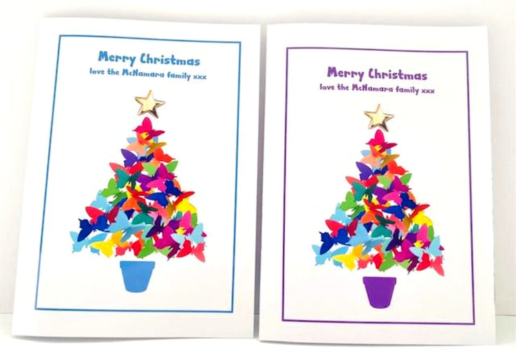Customised Christmas tree butterfly cards.Family surname, personalised Christmas card.Handmade.Pack of 6, colours,with surprise butterflies