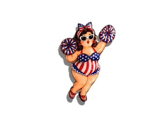 USA enamel pin cheerleader with pom poms