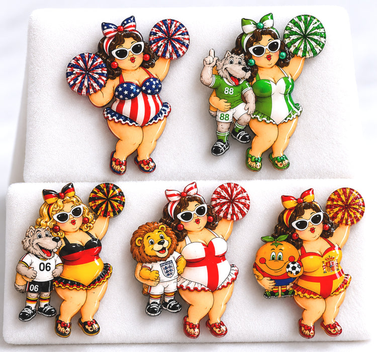 USA , Ireland, England, Spain, Germany enamel pin cheerleader with pom poms