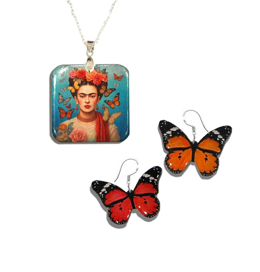 Frida Kahlo pendant and butterfly earrings handmade