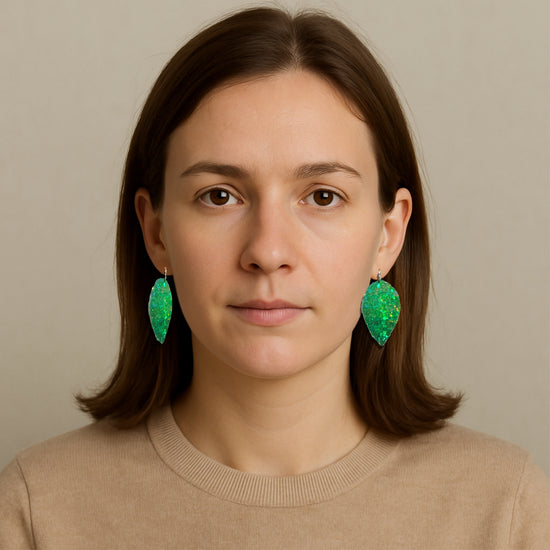 green Pride festival jewellery. Glitter earrings