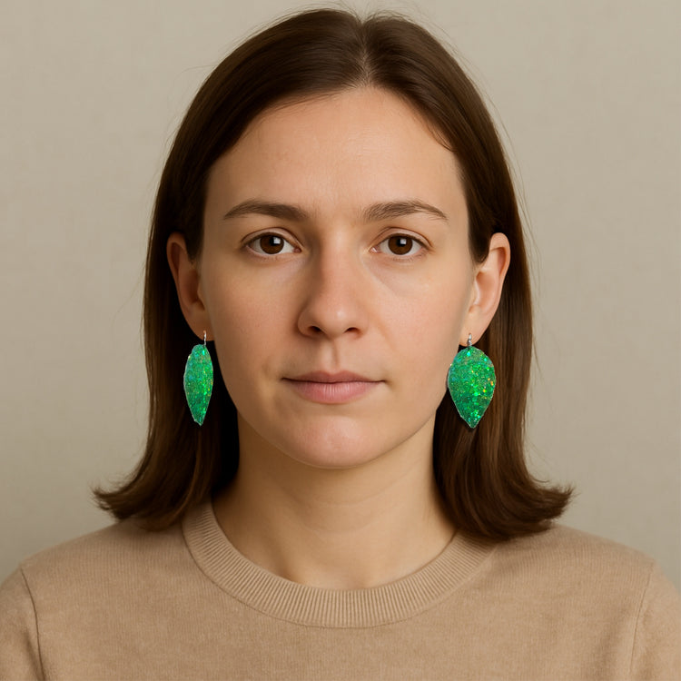 green Pride festival jewellery. Glitter earrings