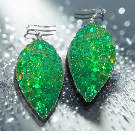 green leaf chunky glitter earrings
