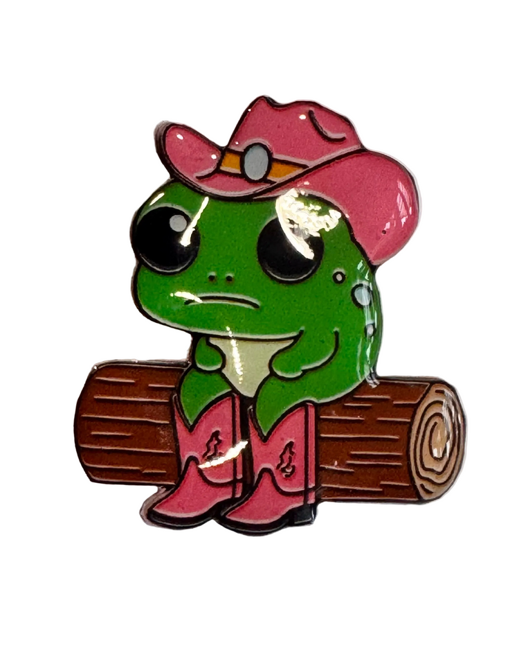 green frog cowboy Pin or magnet.