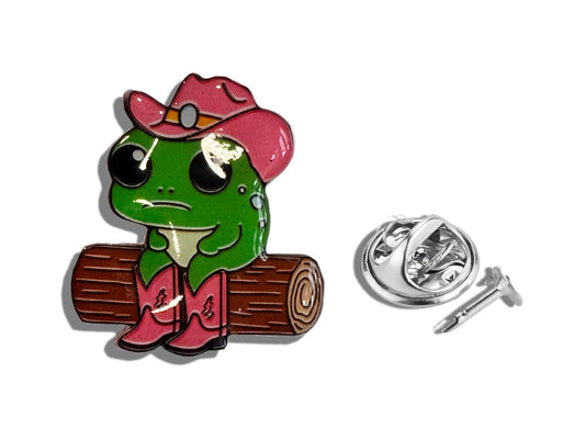 quirky green frog cowboy badge