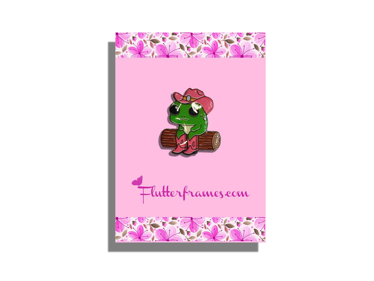 quirky frog cowboy Pin or magnet.