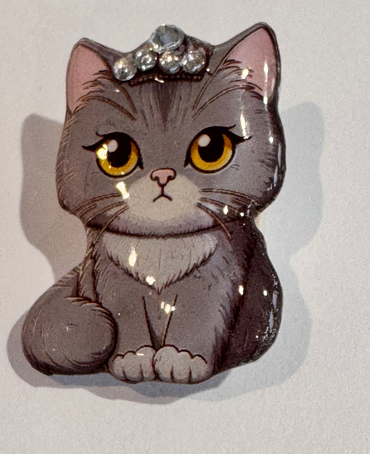 grey princess cat pin or magnet handmade