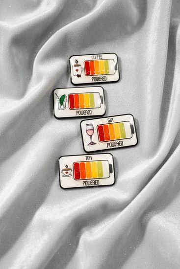 Coffee, tea, gin, wine, creativity powered pin, battery powered novelty pins