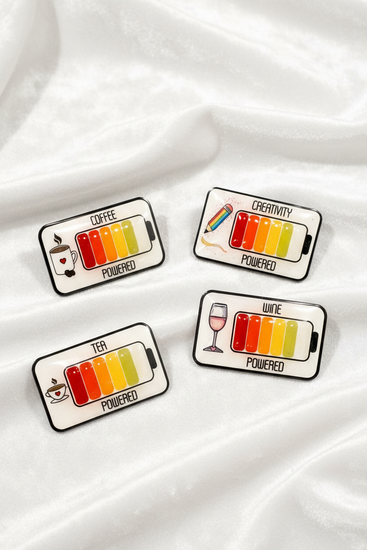 Coffee, tea, gin, wine, creativity powered pins