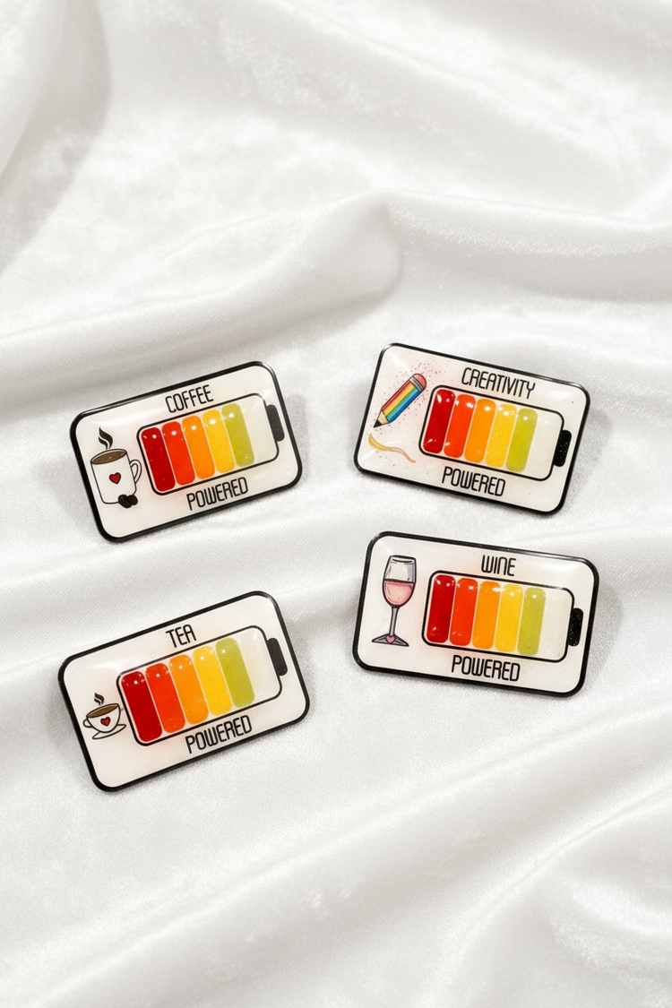 Coffee, tea, gin, wine, creativity powered pins