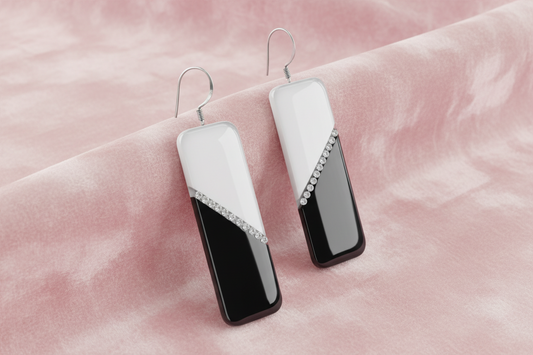 black and white long drop earrings