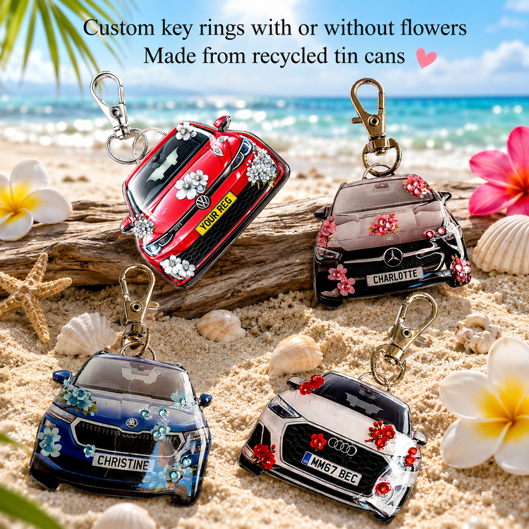 handmade custom  your name car keyring with flowers and diamantes