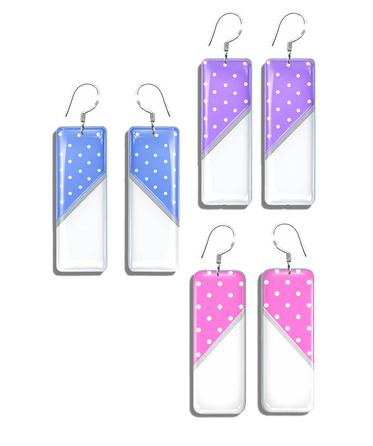 pink, lilac and blue  polka dot long drop earrings