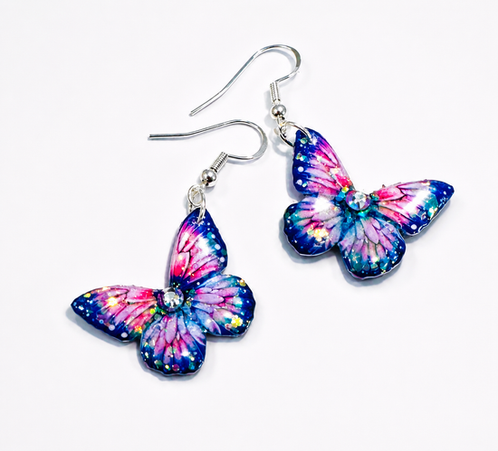 handmade small pink and blue  butterfly dangle earrings