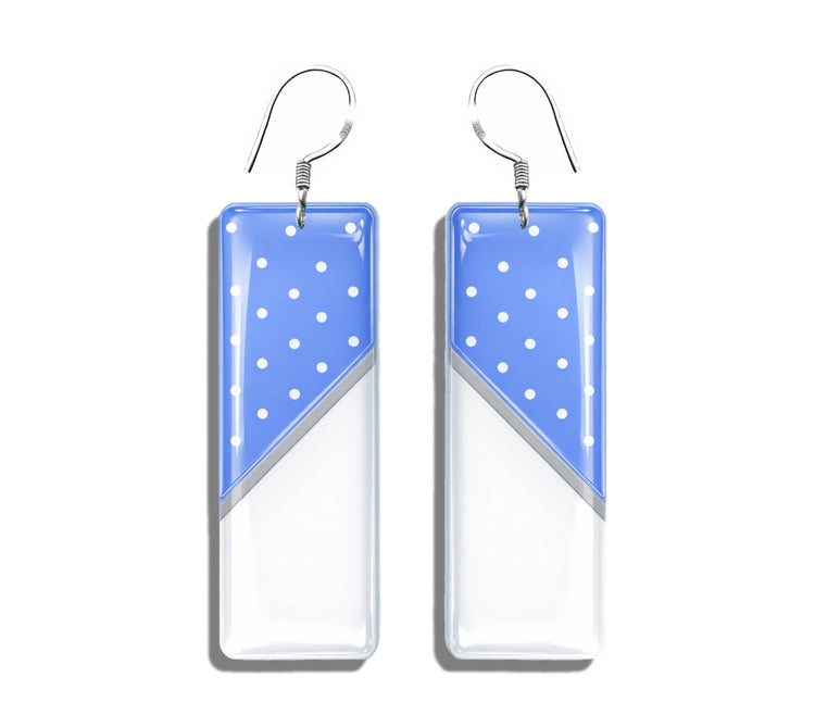 blue Polka Dot long drop earrings. 