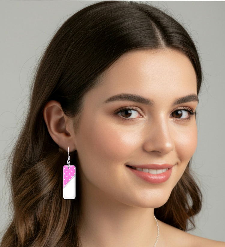 pink Polka Dot long drop earrings. Handmade jewellery by Flutterframes. 