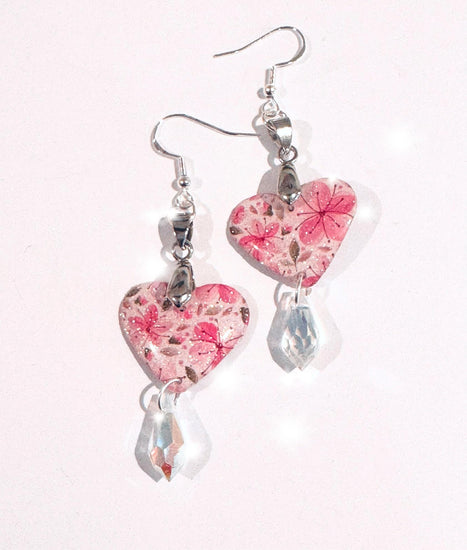  Floral heart earrings.Tin can earrings.10th anniversary gift idea. Flower heart earrings with crystal