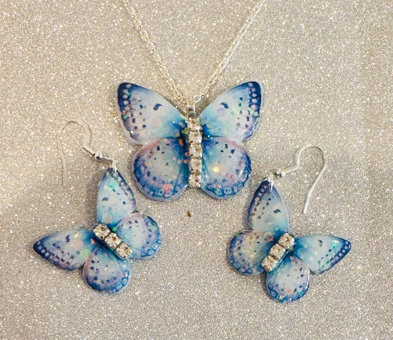pretty blue  butterfly earrings and pendant set