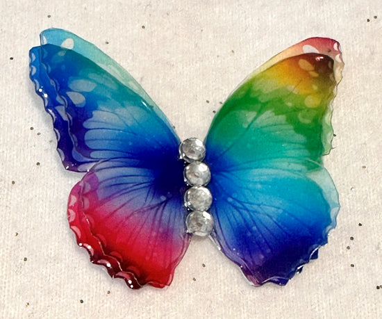 Beautiful multi-coloured iridescent double butterfly brooch