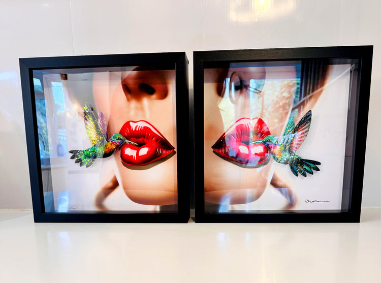 Two framed artworks depicting a close-up of lips with a colorful Kingfisher bird