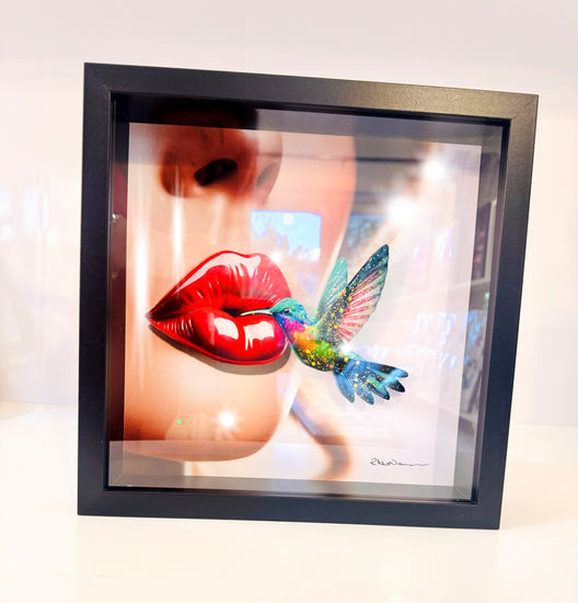 *The Kiss of the Kingfisher*. Kingfisher with 3d butterflies modern colourful glitzy 3d picture