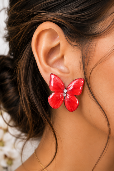 large red glossy butterfly stud earrings, handmade