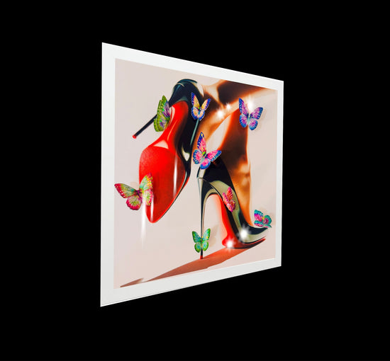 Louboutin  shoes framed picture with 3d butterflies. Handmade