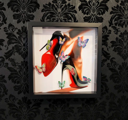 *Flutter Killer Heels*. Red sole shoes with 3d butterflies modern colourful glitzy 3d picture
