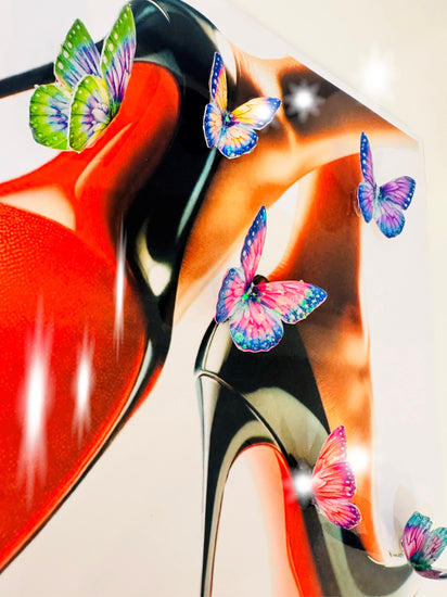 Louboutin heels , shoes framed picture with 3d butterflies