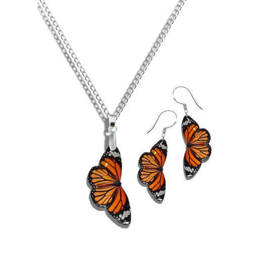 Orange Monarch butterfly earrings and pendant jewellery set