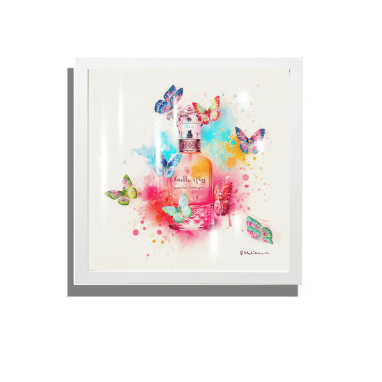 Perfume bottle picture with 3d butterflies modern colourful glitzy 3d picture in white