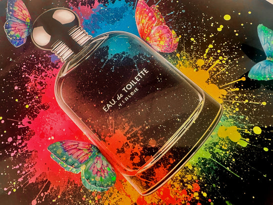 Perfume bottle with colorful splashes and butterflies on a black background